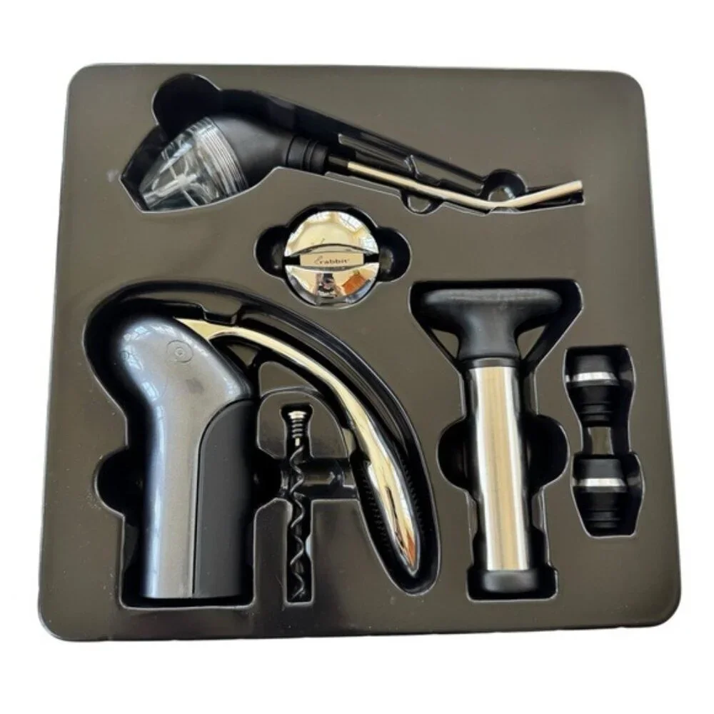 Rabbit 7-Piece Wine Bar Gift Set Manual Corkscrew Vacuum Pump Foil Cutter NIB